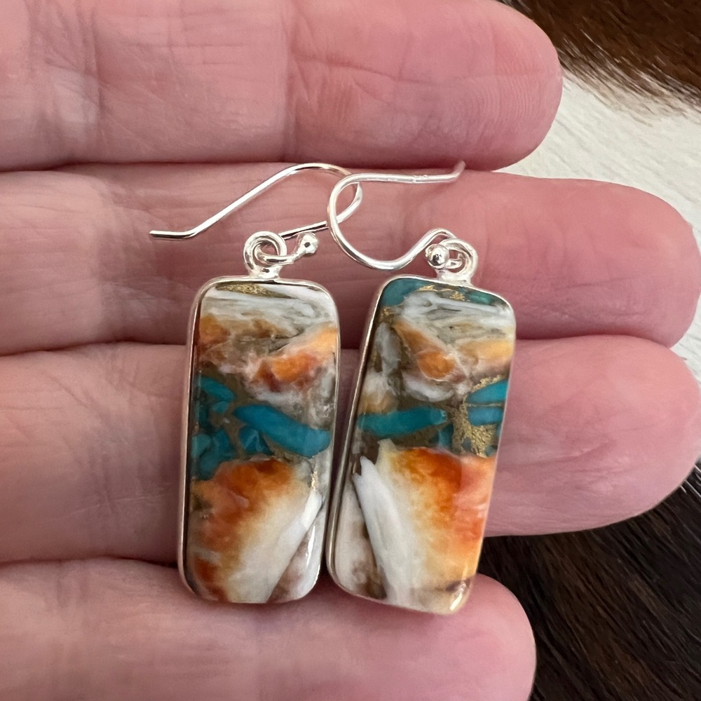 Spiny Oyster Turquoise Rectangle Dangle Earrings … - image 6